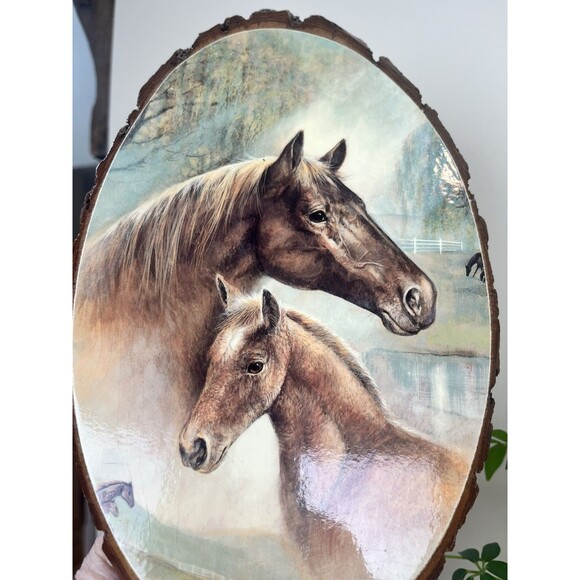 Other - Vintage Decoupage Wooden Slab Horse Painting, Horse And Foal / Wall Art 7 x 11